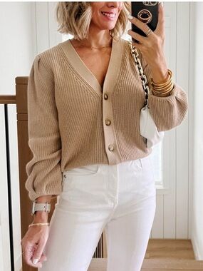 Ann Taylor LOFT Pleated Puff Sleeve Button-Up Cardigan Rib Knit Sweater Medium